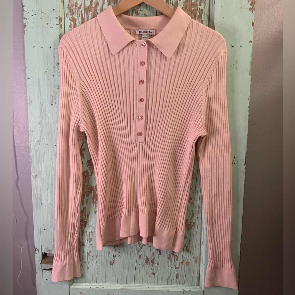 Women’s Athleta pink long sleeve polo ribbed shirt